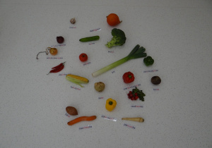 Nasz grupowy "warzywniak" - zdjęcie warzyw i ich podpisy.